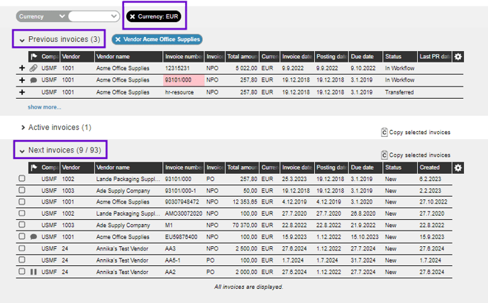 Filtering invoices